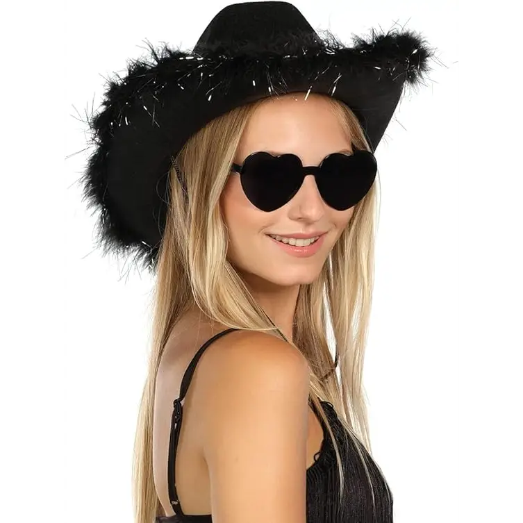 Feathered Cowboy Hat & Heart Sunglasses for Women