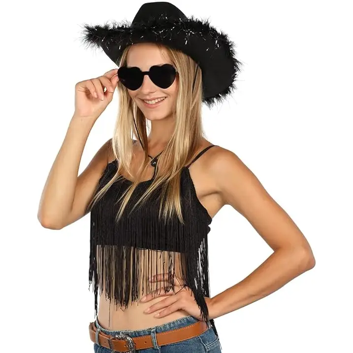 Feathered Cowboy Hat & Heart Sunglasses for Women