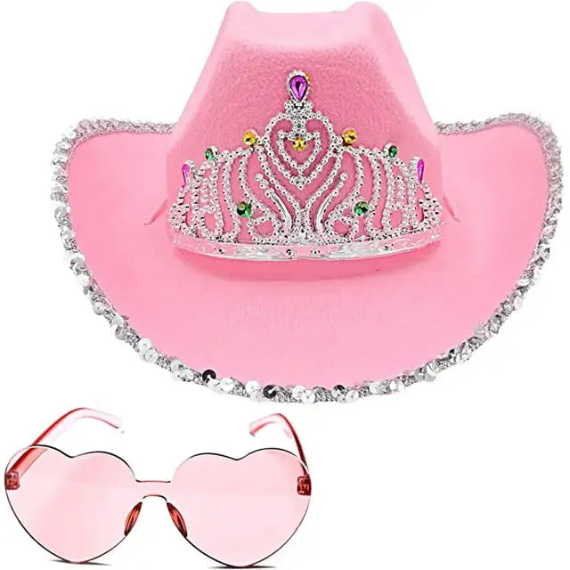 4E's Novelty Preppy Pink Cowgirl Hat with Heart Shaped Sunglasses - Pink Cowboy Hat with Tiara Crown for Adult Cowgirl Costume Accessories for Women Western Party