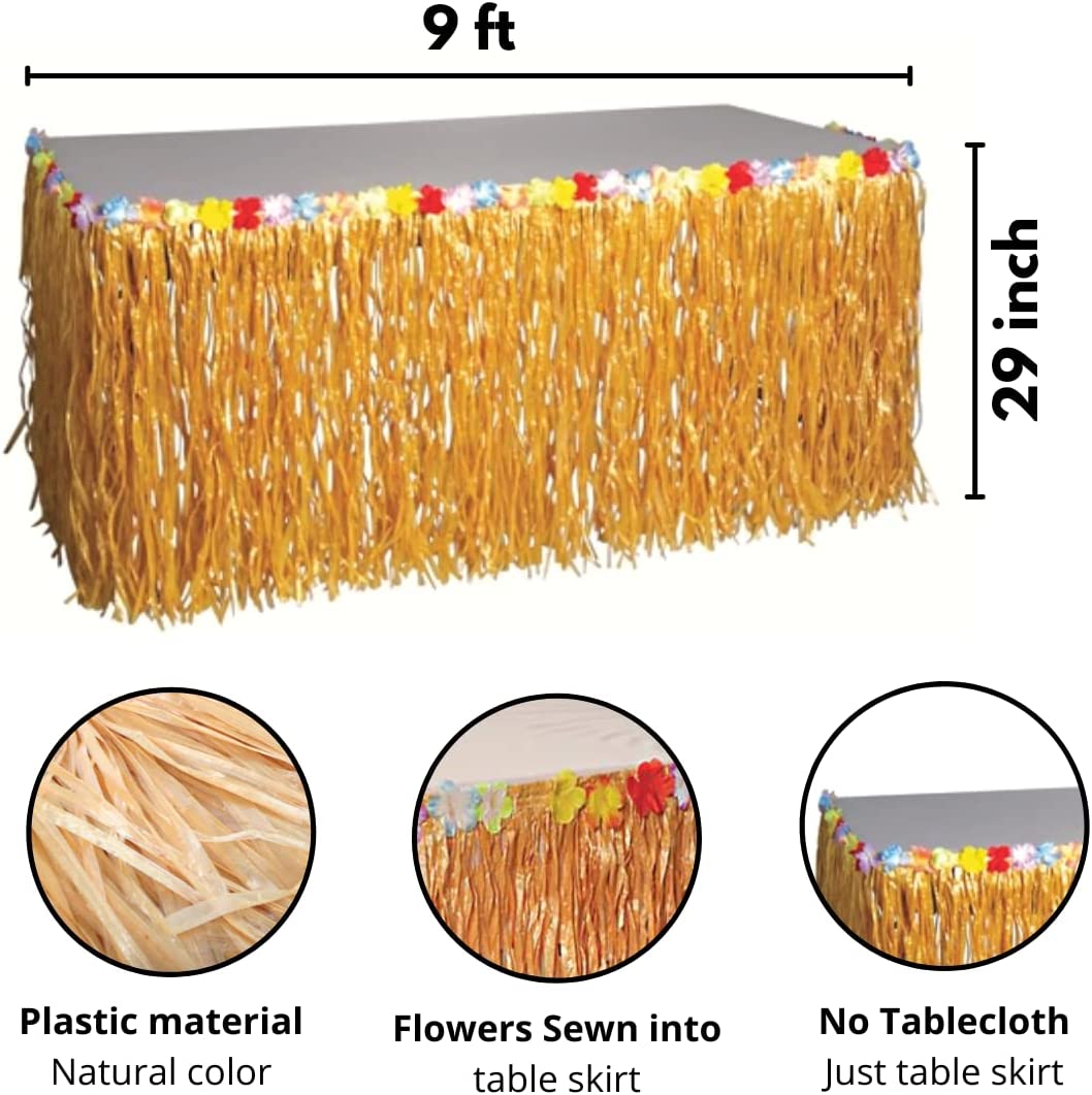 2 Pack Luau Grass Table Skirt 9 Ft with Hibiscus, Reusable - for Jungle Party Decorations, Tropical Beach Tiki Moana Birthday Party Decor Supplies Accessories by 4E's Novelty