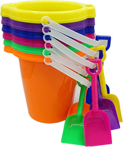 4E's Novelty 6 Pack Sand Buckets and Shovels for Kids Bulk - 7.5 Inch Large Beach Bucket Sand Toys for Beach Toys for Toddlers & Kids, Beach Party Favors