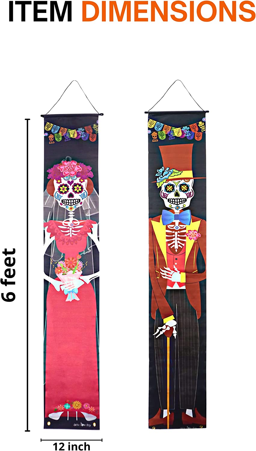 6Ft Dia De Los Muertos Decor, Set of 2 Banners - Day of The Dead Decorations, Hanging Sugar Skull Backdrop Banner for Home Indoor & Outdoor Porch Sign Halloween Decorations by 4E's Novelty