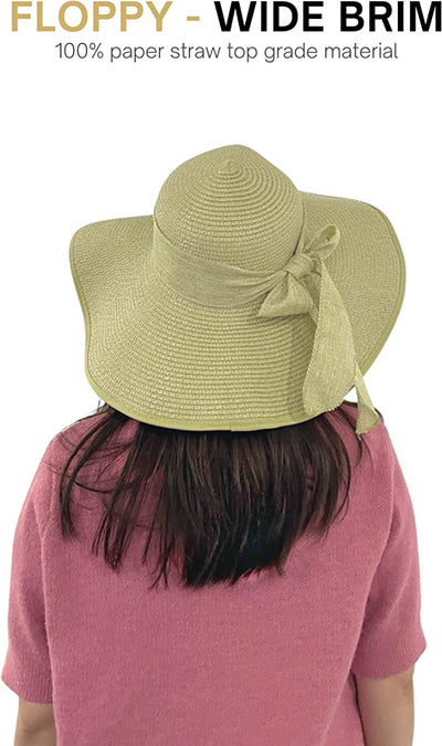 4E's Novelty Floppy Sun Hat for Women with Sunglasses, UPF 50+ Straw Sunhats for Women UV Protection, Packable Beach Hat for Summer Beige
