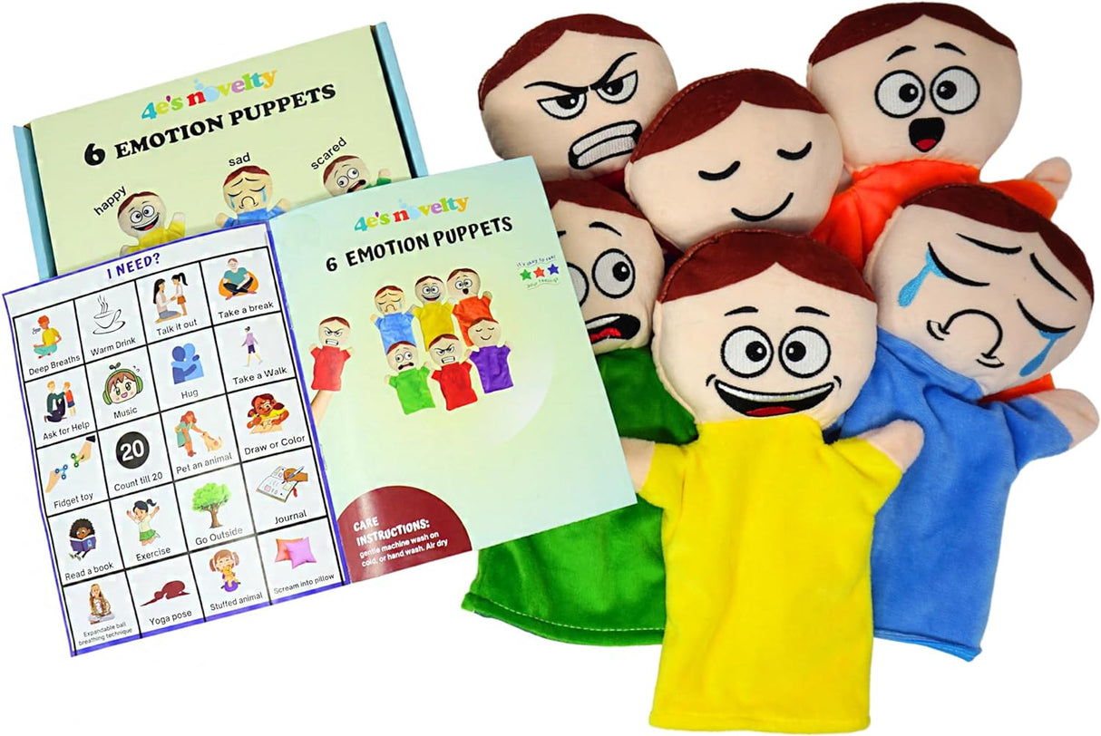 6 Pack Feeling Hand Puppets for Kids with 6 Core Emotions, with Moveable Arms, Soft Plush Hand Puppets for Toddlers, Early Education Toys, Social Emotional Learning Activities by 4E's Novelty