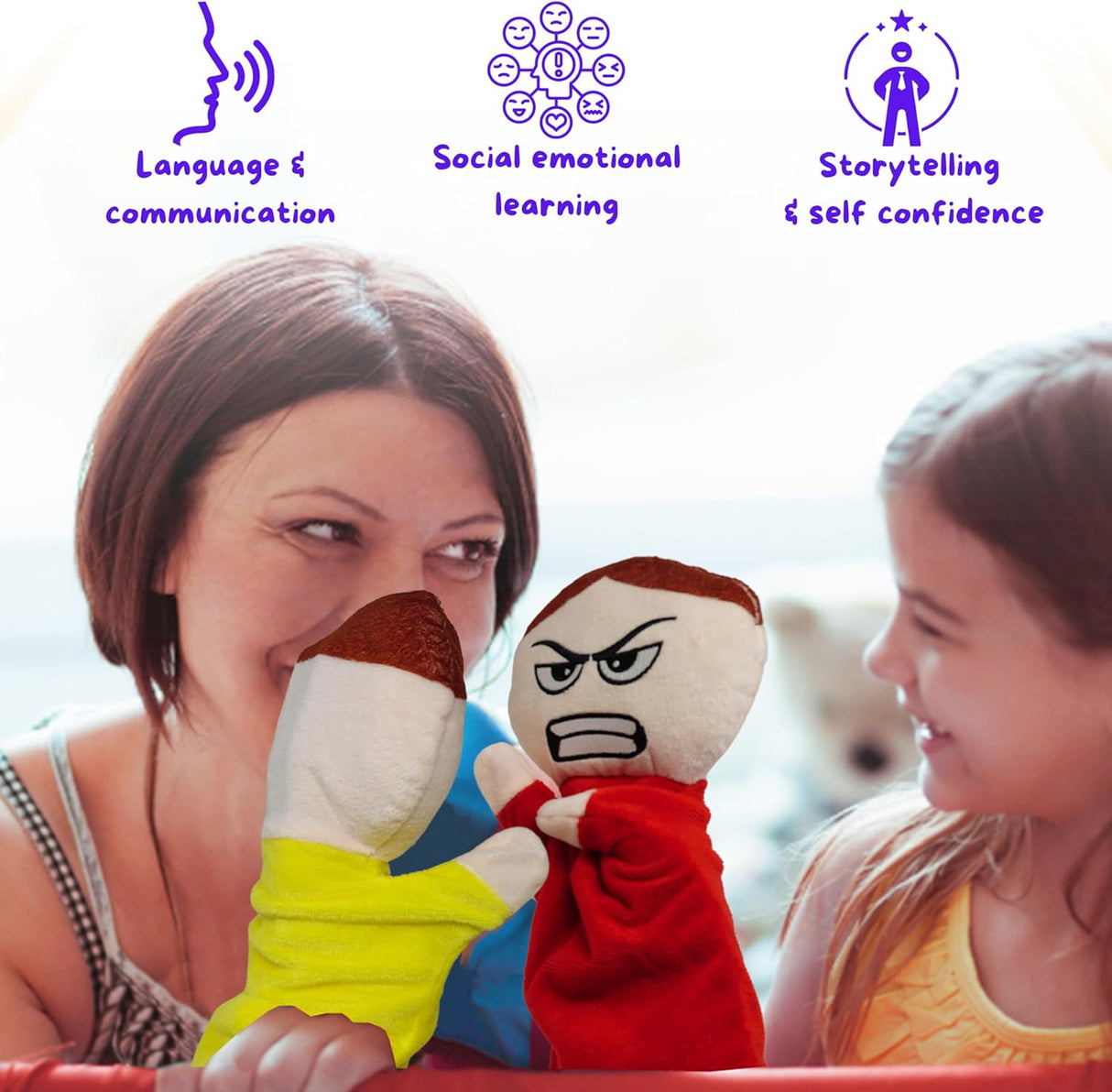 6 Pack Feeling Hand Puppets for Kids with 6 Core Emotions, with Moveable Arms, Soft Plush Hand Puppets for Toddlers, Early Education Toys, Social Emotional Learning Activities by 4E's Novelty