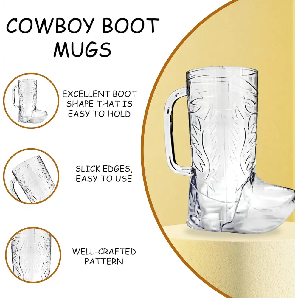 4E's Novelty 10Pcs Cowboy Boot Mug Cups (10 Pack) 17 oz Reusable Hard Plastic, BPA Free - for Cowboy Themed Party Supplies, Western Accessories