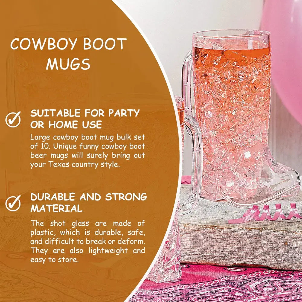 4E's Novelty 10Pcs Cowboy Boot Mug Cups (10 Pack) 17 oz Reusable Hard Plastic, BPA Free - for Cowboy Themed Party Supplies, Western Accessories