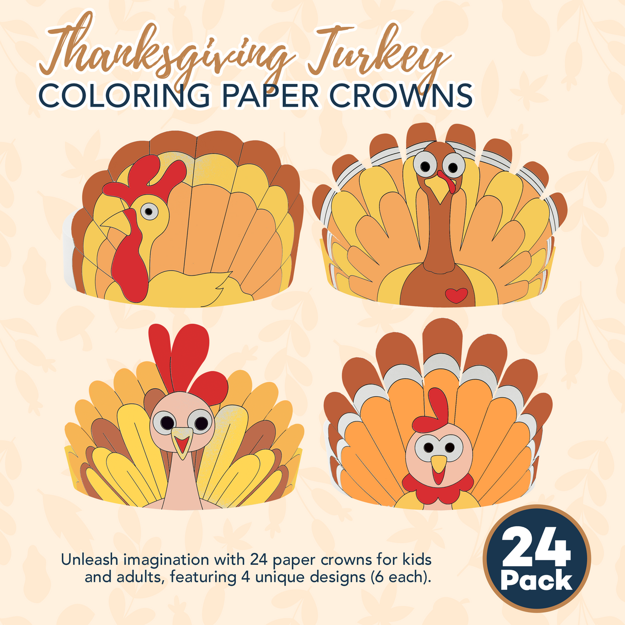 PRANK PANTRY Thanksgiving Paper Crowns, 24 Pcs Thanksgiving Hat Decorations, Color Your Own Turkey Hat Craft and headband