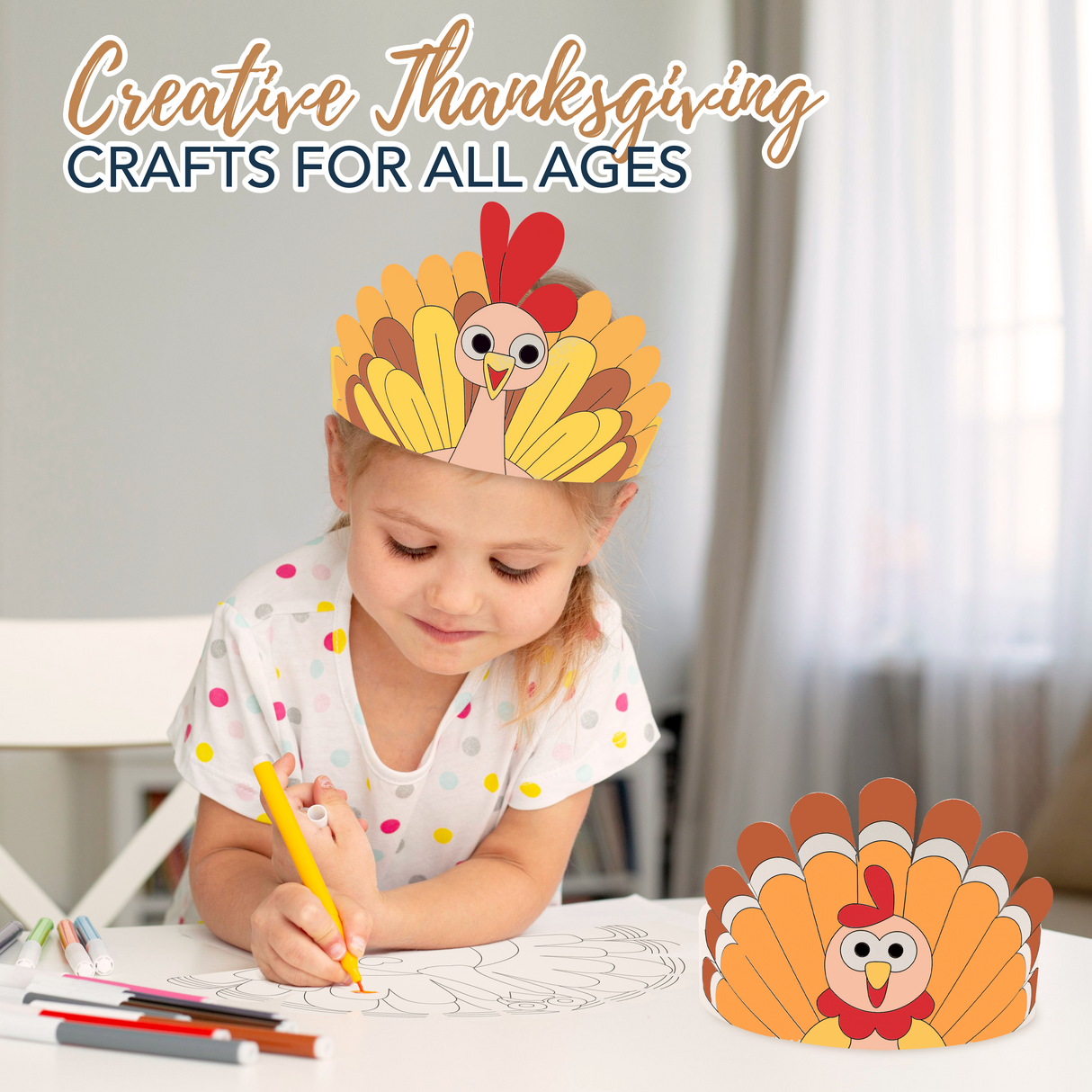 PRANK PANTRY Thanksgiving Paper Crowns, 24 Pcs Thanksgiving Hat Decorations, Color Your Own Turkey Hat Craft and headband