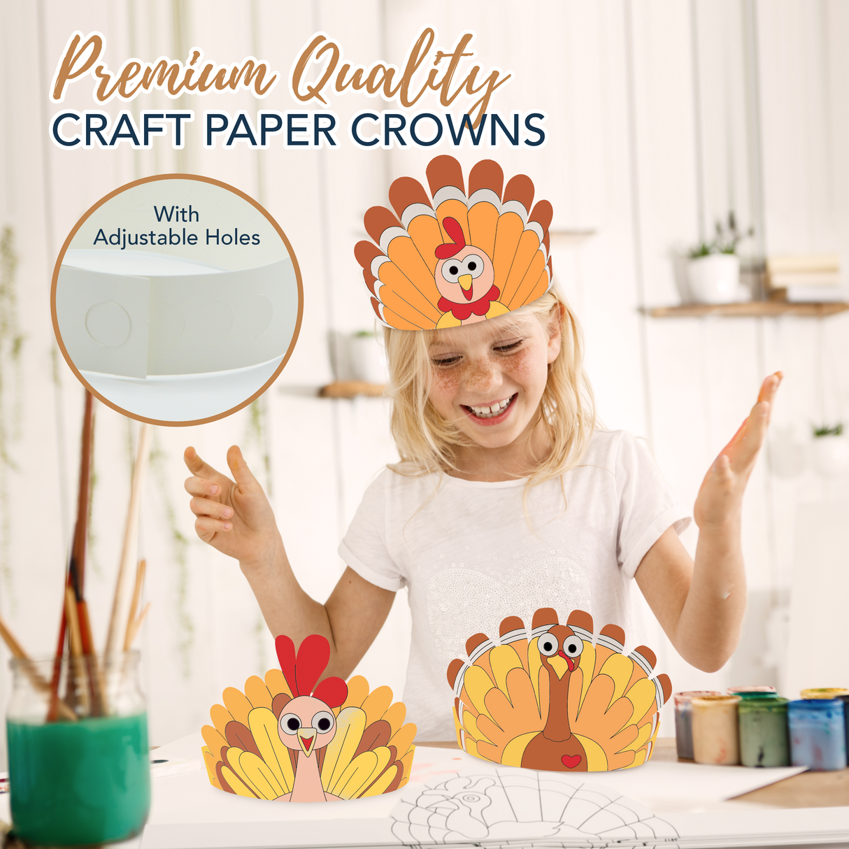 PRANK PANTRY Thanksgiving Paper Crowns, 24 Pcs Thanksgiving Hat Decorations, Color Your Own Turkey Hat Craft and headband