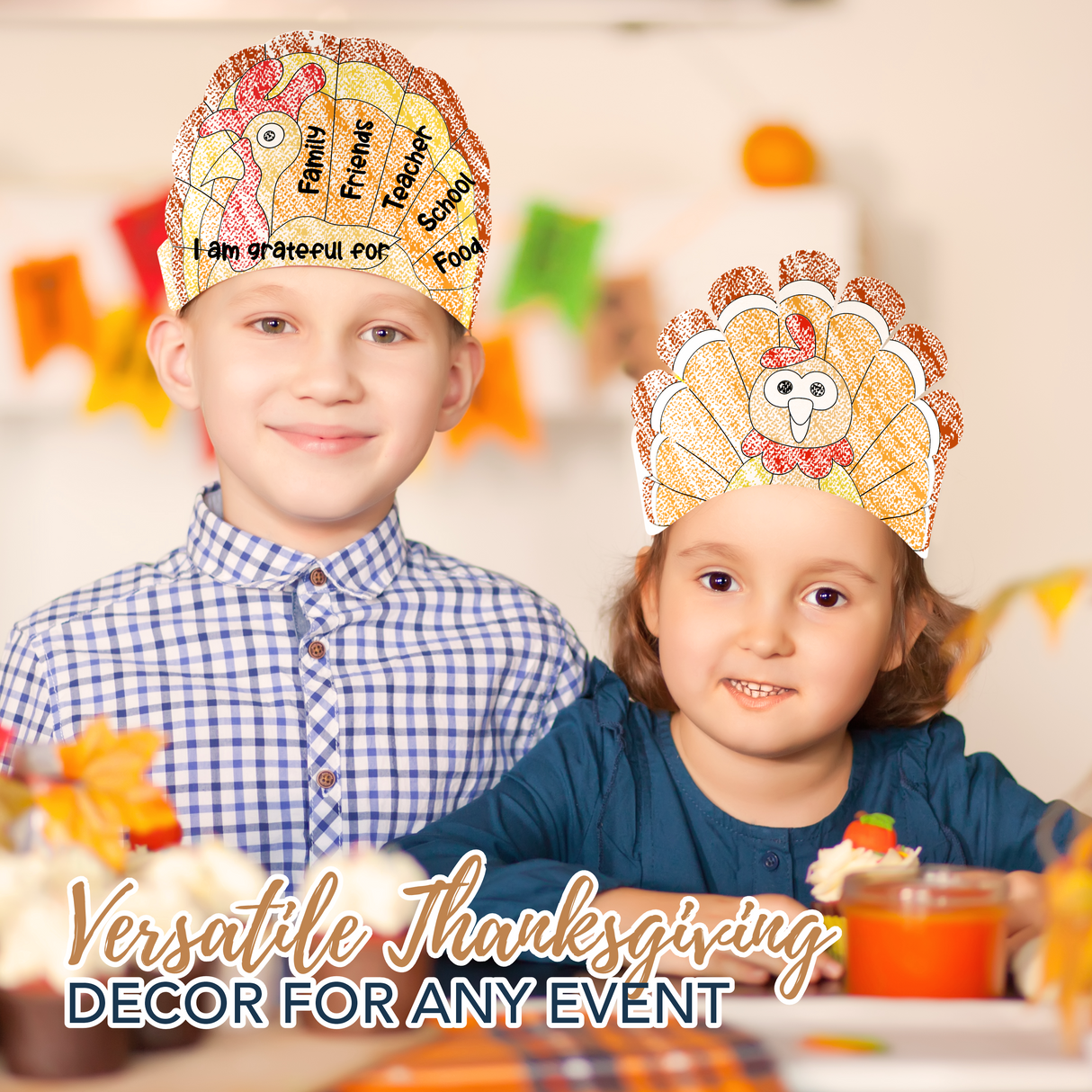 PRANK PANTRY Thanksgiving Paper Crowns, 24 Pcs Thanksgiving Hat Decorations, Color Your Own Turkey Hat Craft and headband
