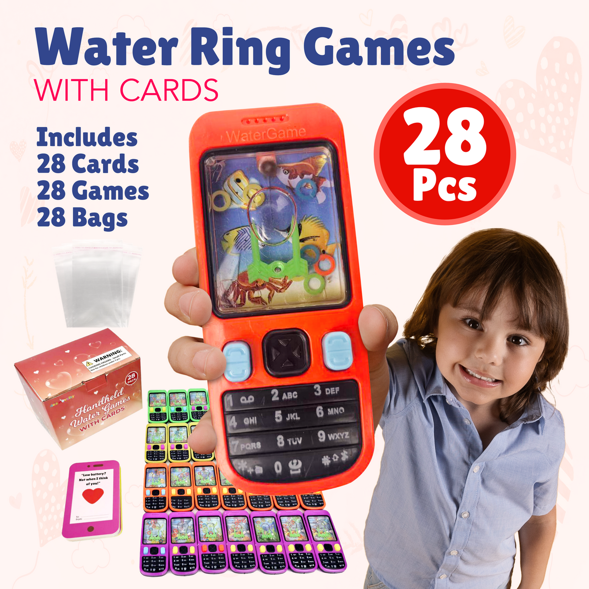 4E's Novelty 28 Pack Valentines Water Ring Games with Cards