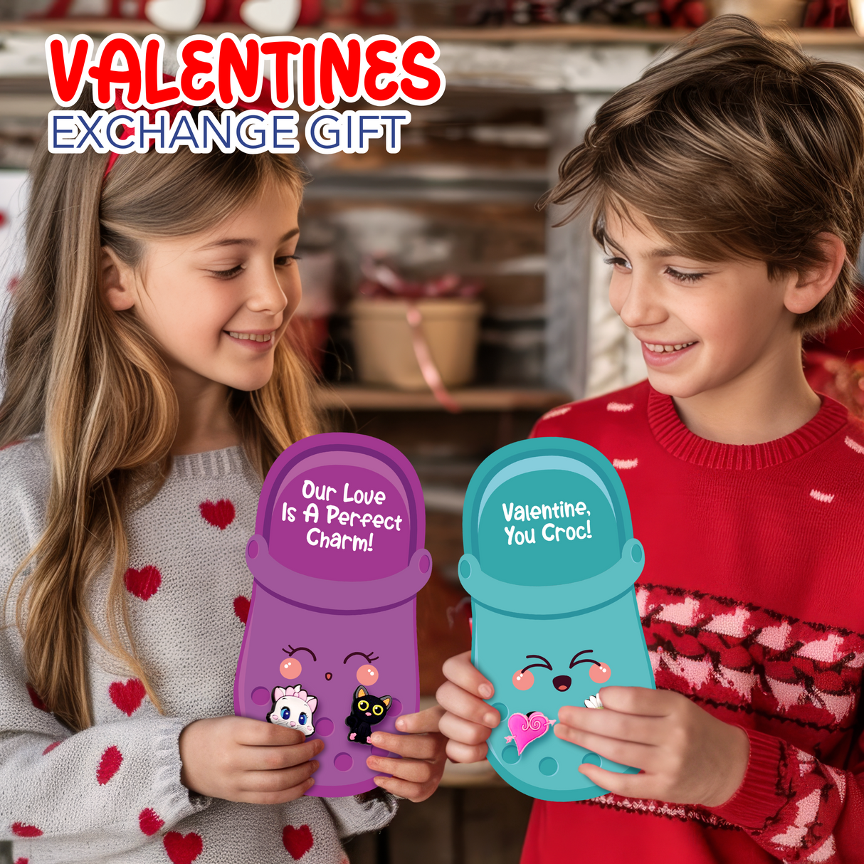 4E's Novelty 48 Pcs Classroom Valentines Cards with 96 Shoe Charms