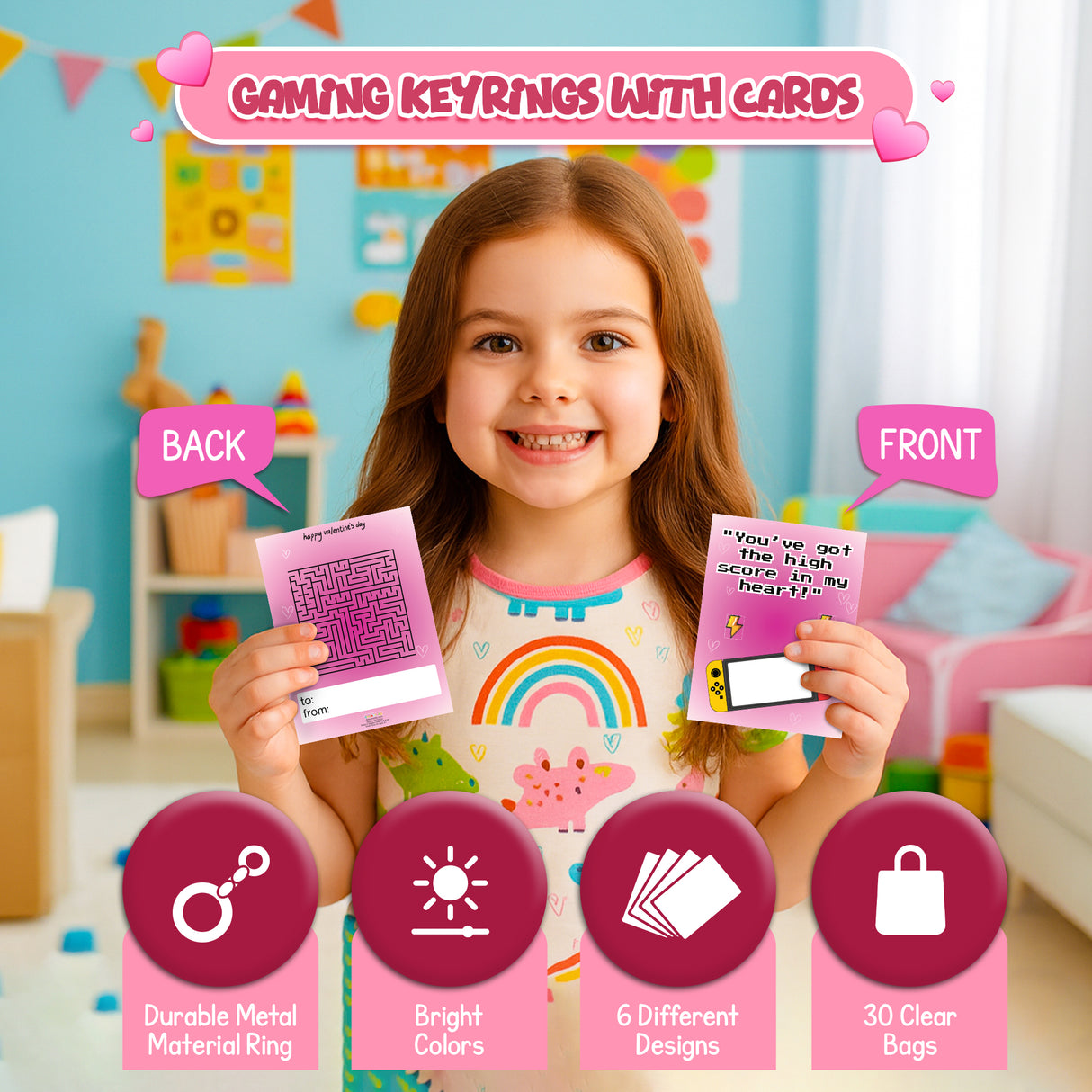 4E's Novelty Valentines Day Gamer Keychain with Cards-30 Pack
