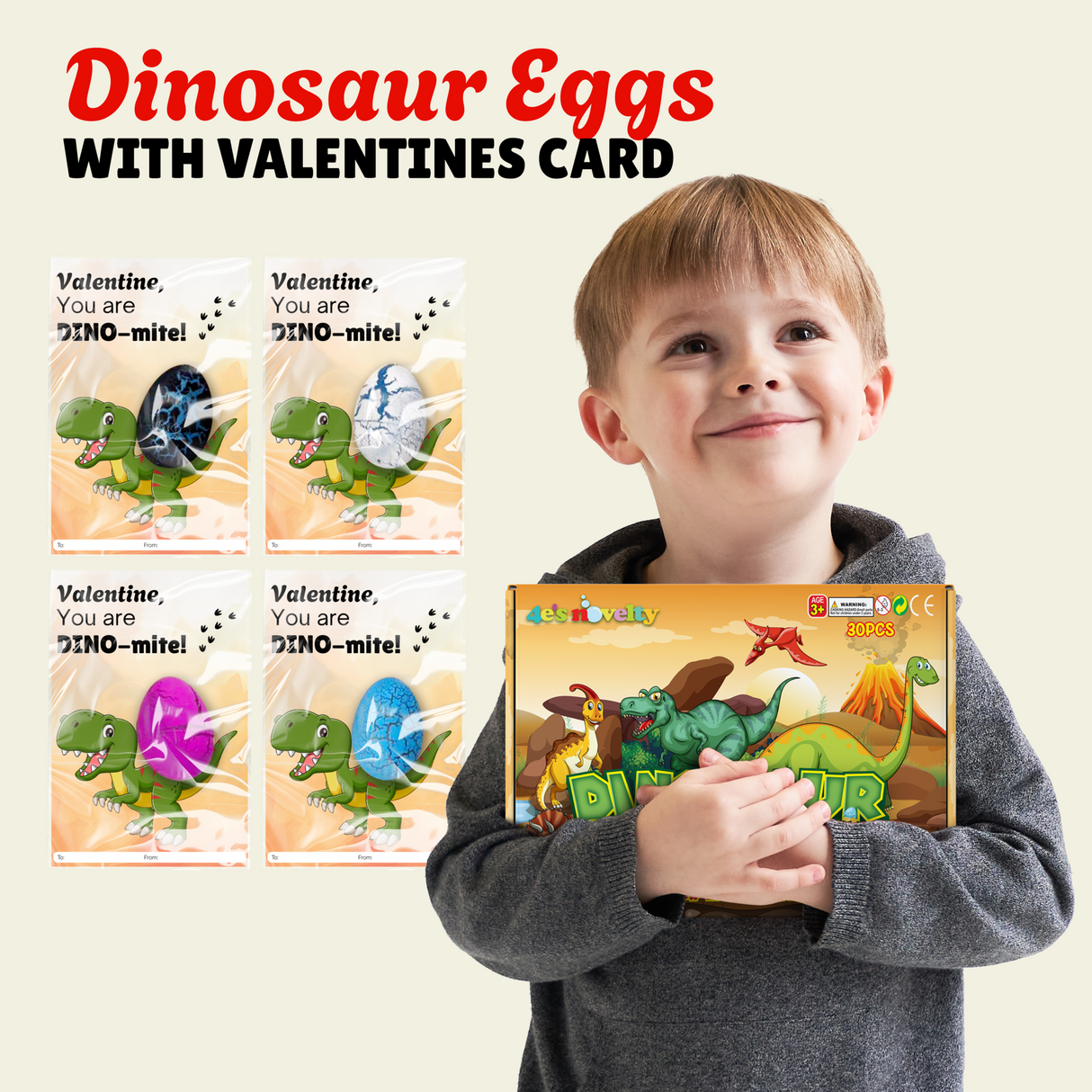 4E's Novelty 30 Pack Dinosaur Egg with Valentines Cards