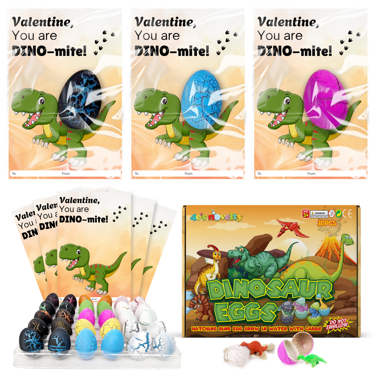 4E's Novelty 30 Pack Dinosaur Egg with Valentines Cards