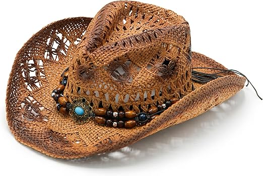 4E's Novelty Brown Straw Cowgirl Hat for Women Raffia Straw
