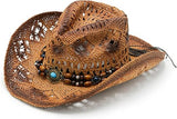 4E's Novelty Brown Straw Cowgirl Hat for Women Raffia Straw