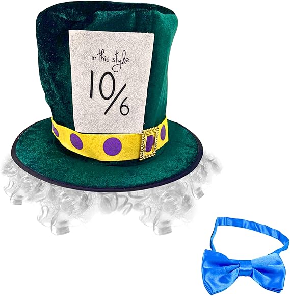 4E's Novelty Mad Hatter Costume Set – Velvet Top Hat, Wig & Bowtie