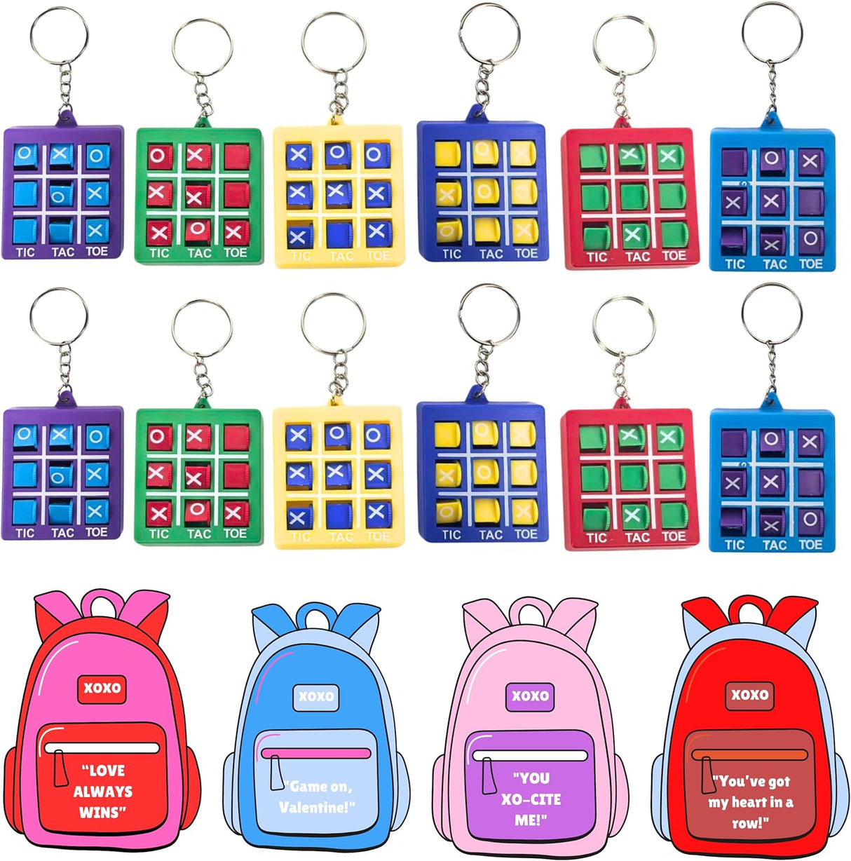 4E's Novelty 24 Pack Classroom Valentine Cards with Tic Tac Toe Keychains