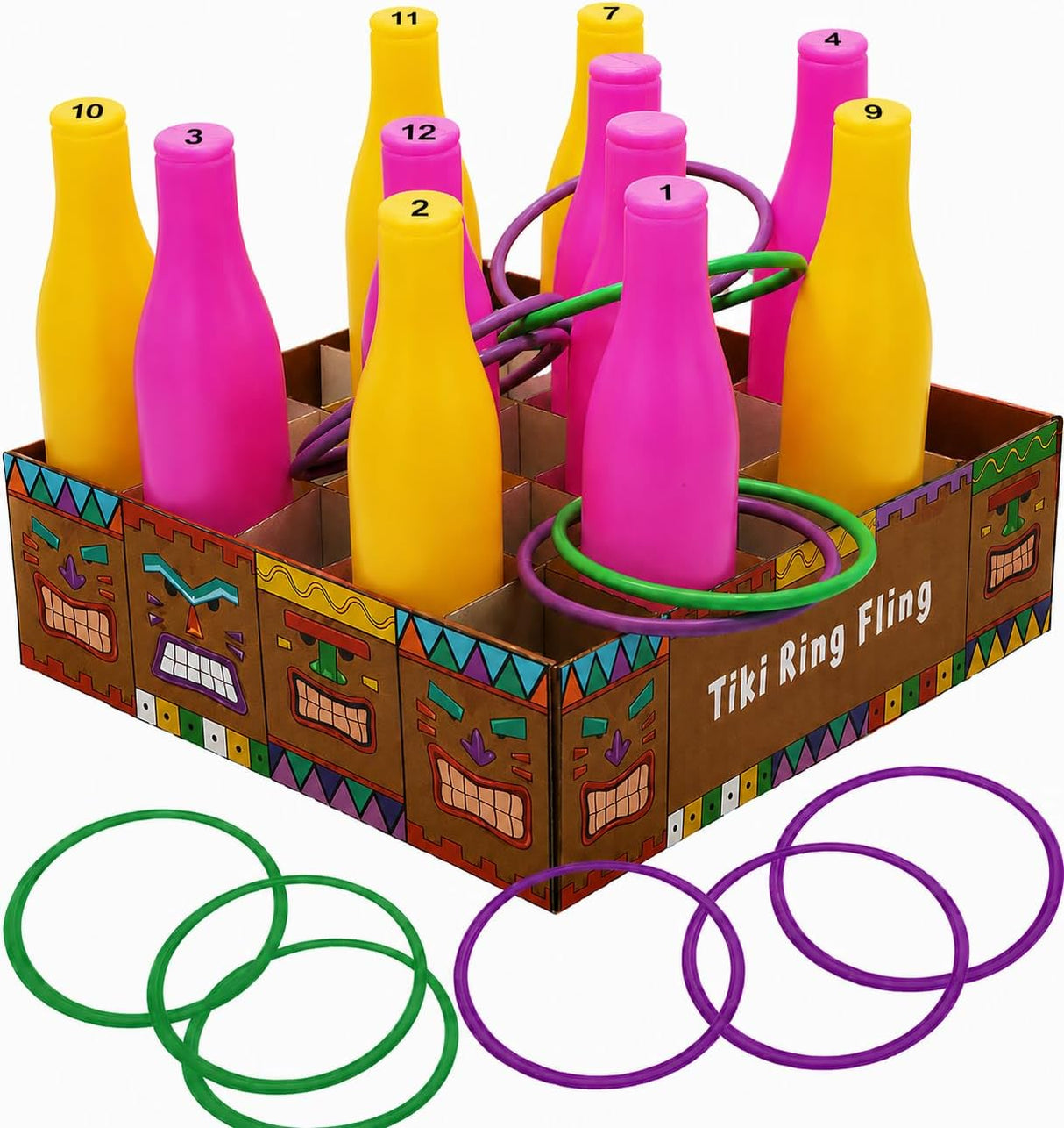 4E's Novelty Tiki Bottle Ring Toss Game Set 12 Colorful Bottles – Fun Luau Party Games for All Ages