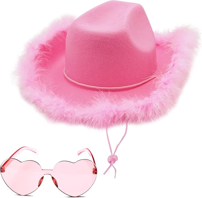 4E's Novelty Pink Cowgirl Hat with Feathers & Heart Sunglasses for Women