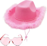 4E's Novelty Pink Cowgirl Hat with Feathers & Heart Sunglasses for Women