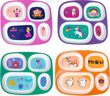 4 Kids Melamine Plates - Divided, BPA Free, Fun Themes