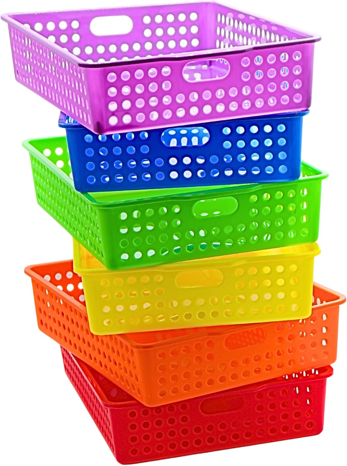 4E's Novelty Colorful Plastic Classroom Storage Bins - 13.75" x 10.25" for Organizing Papers, Pencils, Arts & Crafts, Rainbow Containers