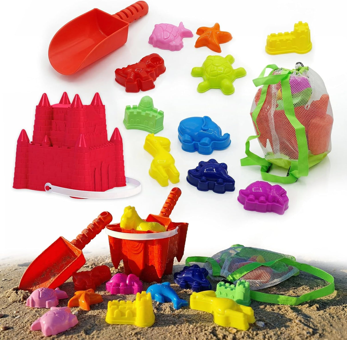 4E's Novelty 13 Beach Sand Toys for Kids – Sand Castle Bucket with Shovel & Large Molds, Includes Mesh Beach Bag for Toddlers, Perfect for Kids 3-10