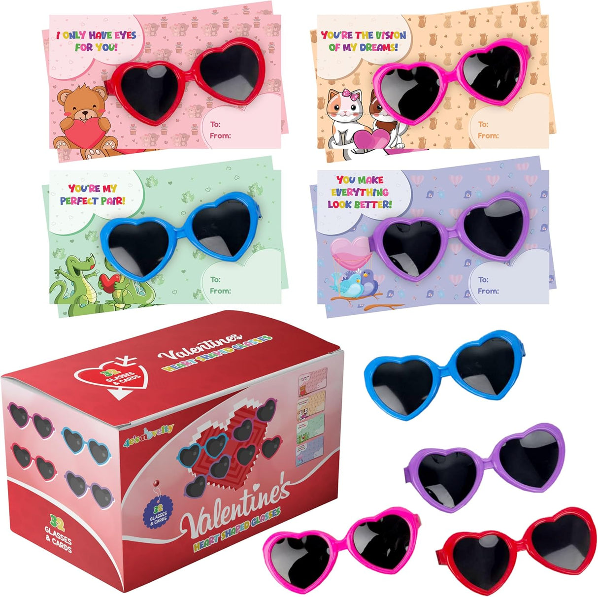 4E's Novelty 32 Pack Valentines Day Heart Glasses for Kids - Bulk With Cards
