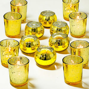 24pcs Assorted Gold Votive Candle Holders, Mercury Glass Tealight Candle Holder Bulk, Gold Wedding Centerpieces for Tables, Home Fall Table Decorations by 4E's Novelty