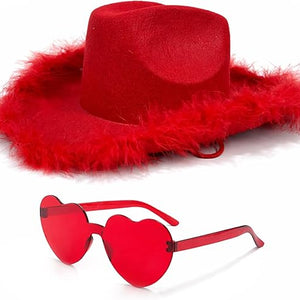 4E's Novelty Red Cowboy Hat with feathers With Heart Shaped Sunglasses for Women, Cowgirl Hat for Women Party Dress Up (Red)