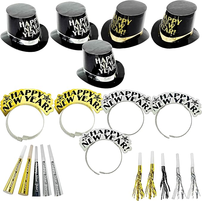 4E's Novelty New Year’s Eve Party Supplies 2025 Kit for 10 – 5 Black Top Hats, 5 Glitter Tiaras, 5 Party Horns & 5 Fringe Noise Makers – Gold & Silver NYE Accessories for Countdown Party & Photo Props