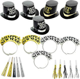 4E's Novelty New Year’s Eve Party Supplies 2025 Kit for 10 – 5 Black Top Hats, 5 Glitter Tiaras, 5 Party Horns & 5 Fringe Noise Makers – Gold & Silver NYE Accessories for Countdown Party & Photo Props