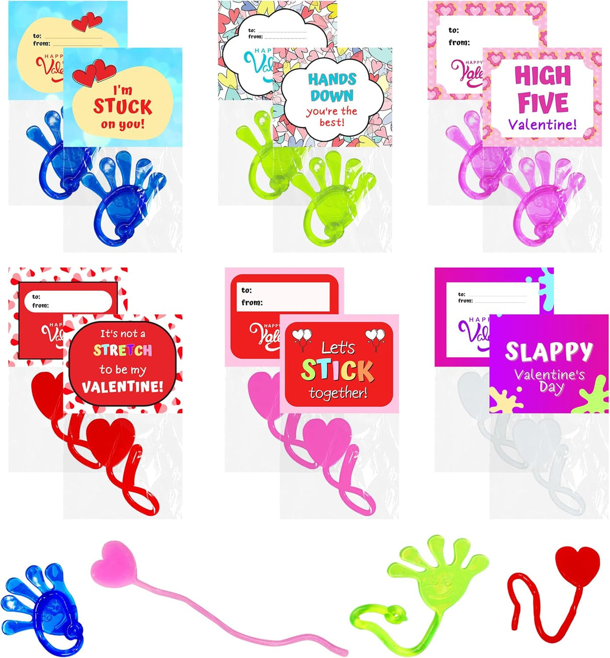 4E's Novelty 32-Pack Slappy Hands with Valentine Cards – Stretchy Toys for Classroom Fun