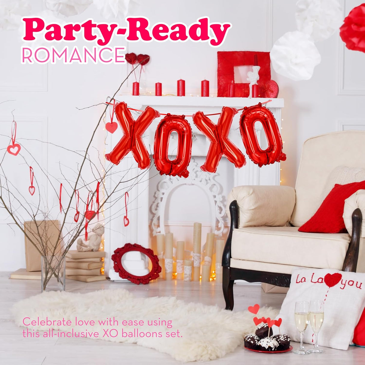 4E's Novelty 16” XOXO Balloons – Red Foil Valentine Party Balloons with Ribbon & Straw Included