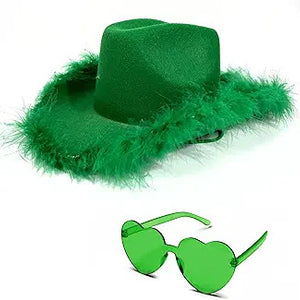 4E's Novelty Green Cowboy Hat with Feather and Heart Shaped Sunglasses, Cowgirl Hat for Women, Western Party Dress Up Fashion Accessories for Adults