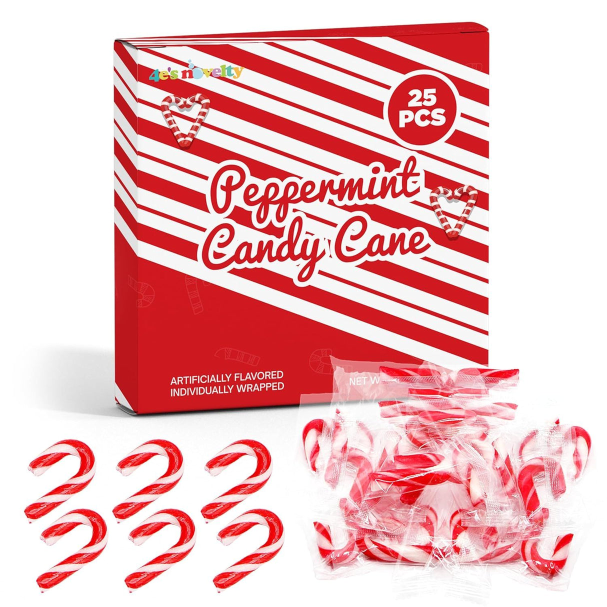 4E's Novelty 25 Pack Christmas Mini Individually Wrapped Candy Canes, Red and White Peppermint Candy Canes, Treats for Holiday Stockings