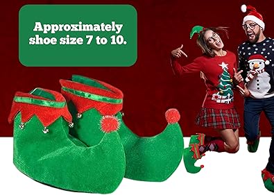 4E's Novelty Elf Shoes Adults for Men & Women - Soft Elf Costume Accessories Plush Green, Red Christmas Elf Slippers, Christmas Elf Shoes for Parties