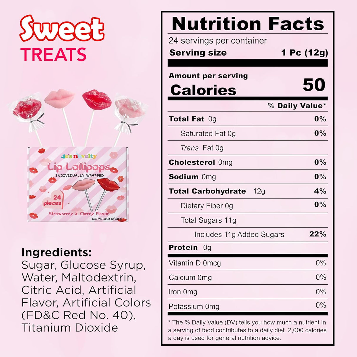 4E's Novelty 24 Pack Lip Lollipops, Individually Wrapped Yummy Lips Lollipop Bulk