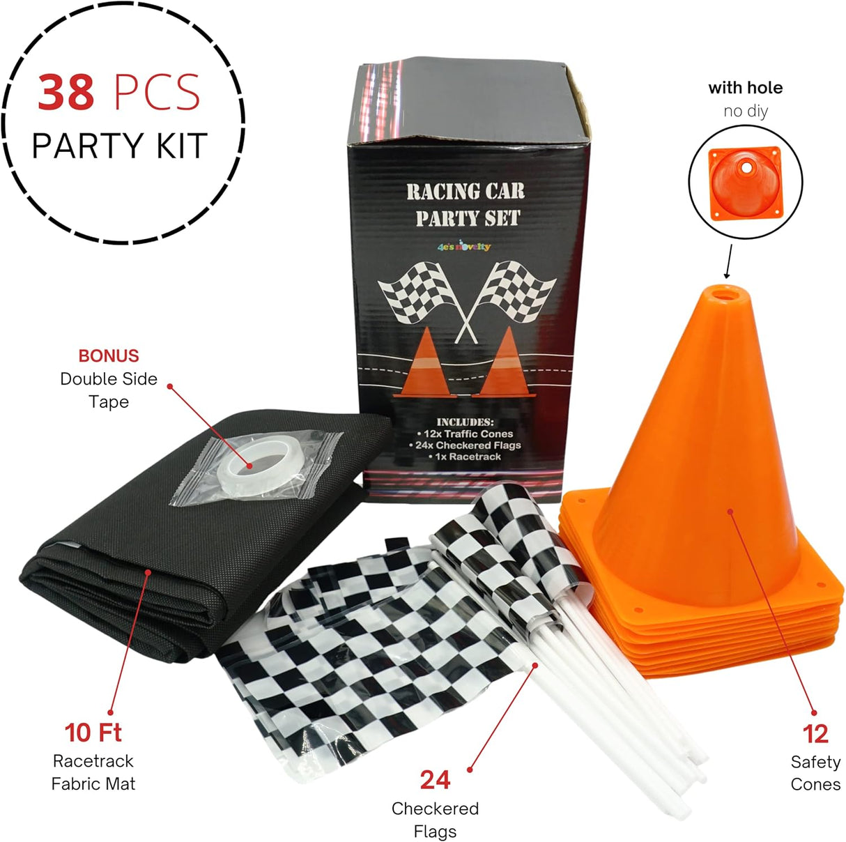 4E's Novelty 38 Pieces Set - 12 Traffic Cones With Hole on Top, 24 Checkered Flags, Racetrack Floor Runner - for For Race Car Birthday Party Supplies, Table Centerpiece Decorations Kids Gift