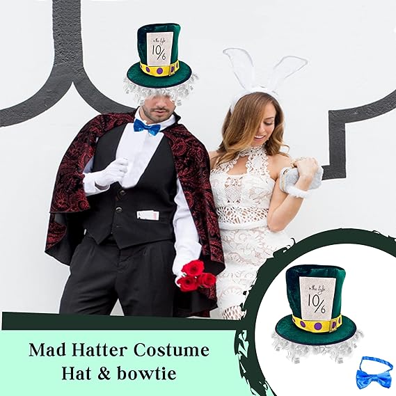 4E's Novelty Mad Hatter Costume Set – Velvet Top Hat, Wig & Bowtie