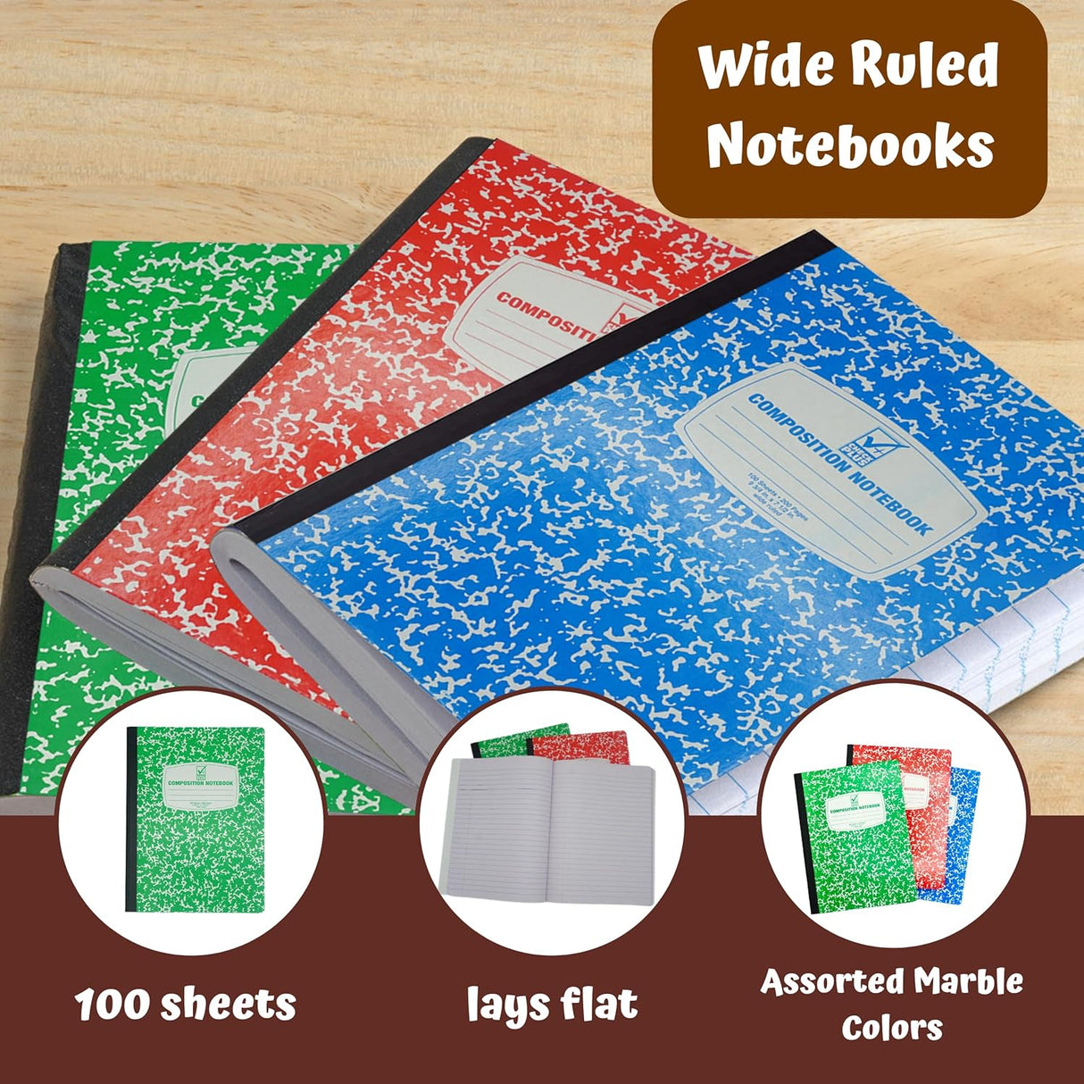 Wide Ruled Notebook Assorted Color, Marble Composition Notebook, Primary K-2, College Ruled - 3 pcs Notebooks for School