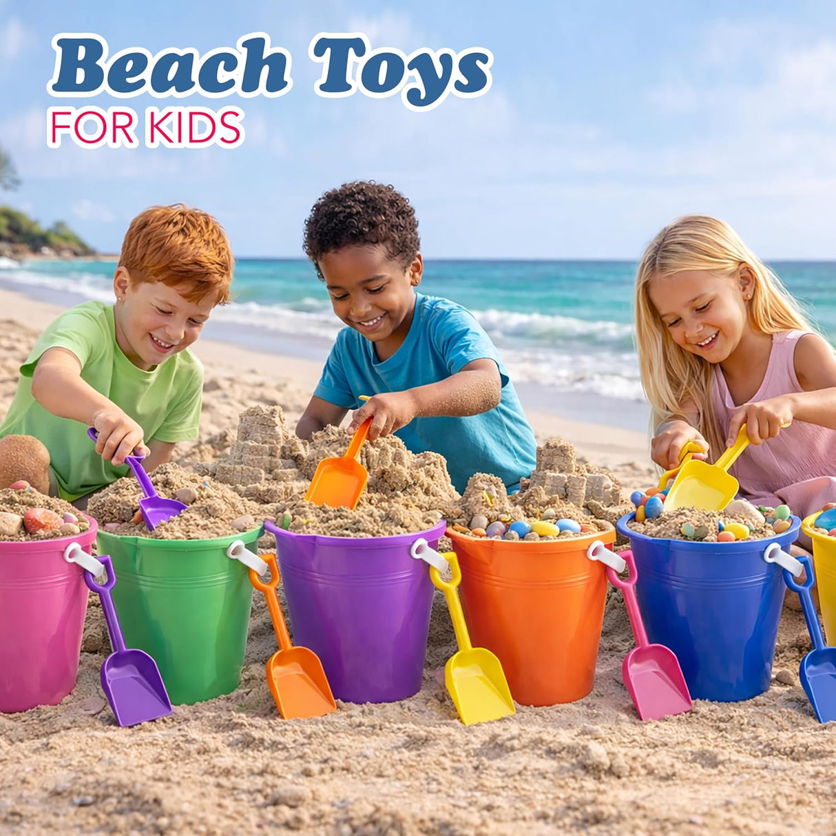 4E's Novelty 12 Pack Large Sand Bucket with Shovel – Beach Toys for Kids, Vacation Essentials