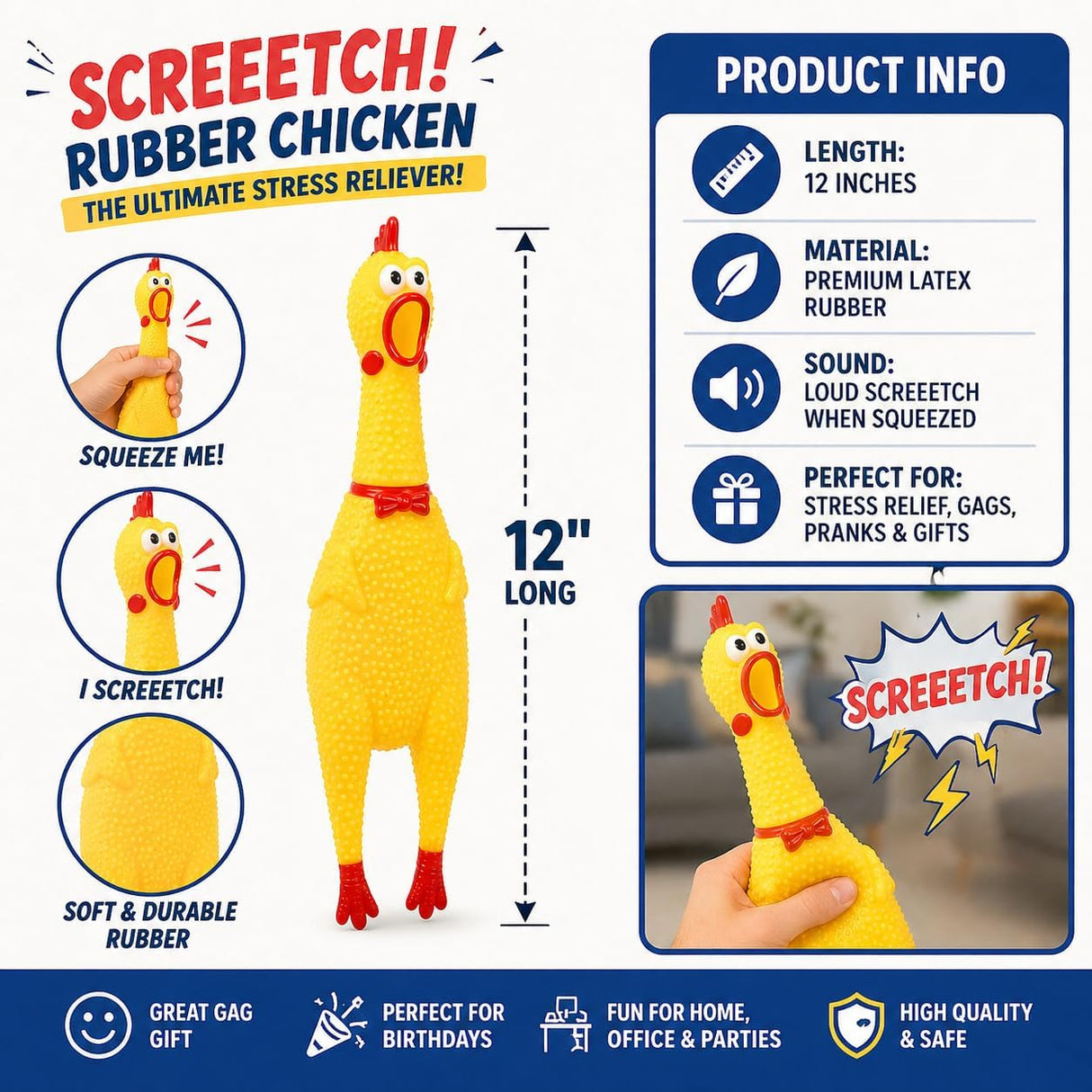 4E's Novelty 12 Inch Giant Screaming Rubber Chicken Toy Yellow