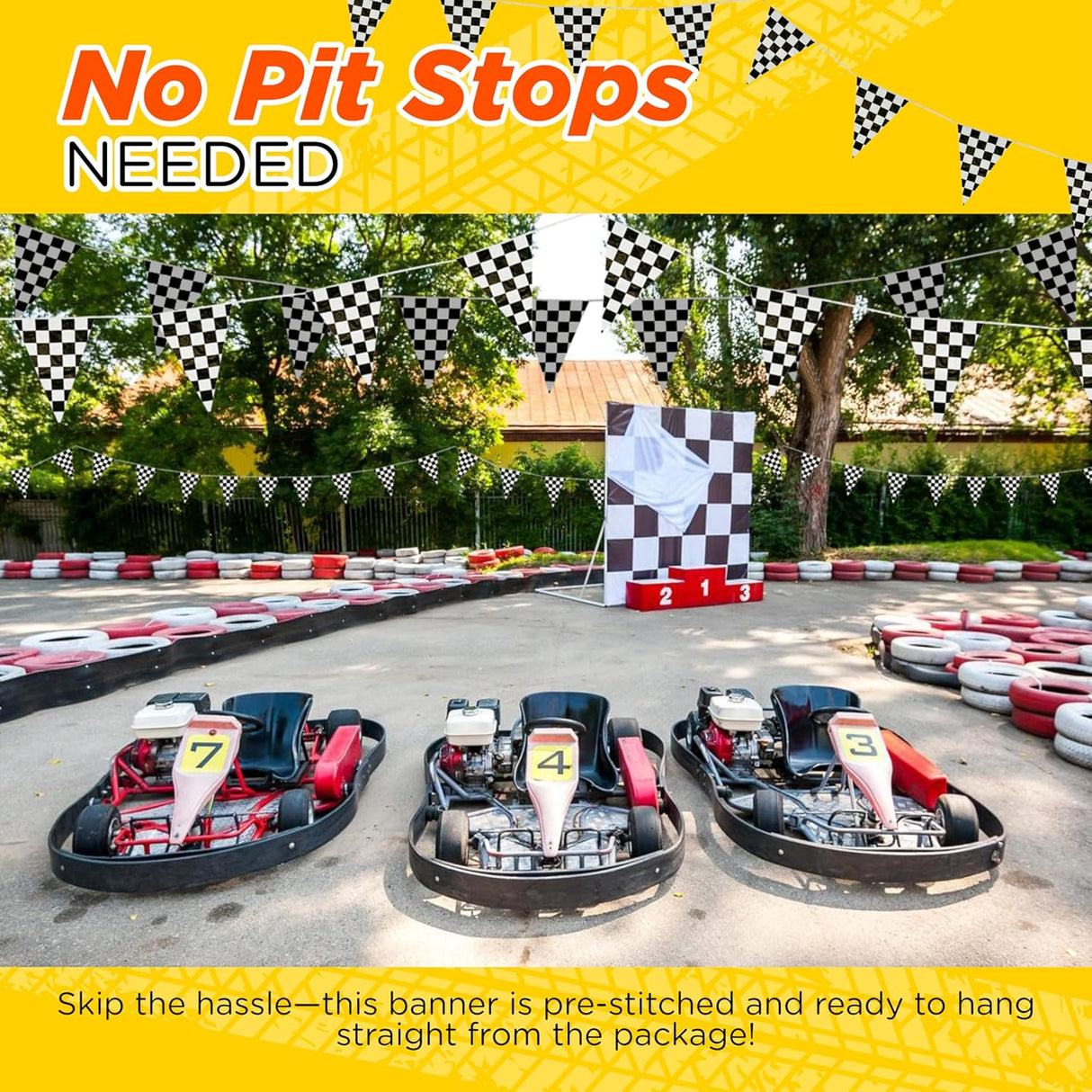 4E’s Novelty 100 Ft Checkered Flag Banner Racing Party Decorations with 48 Large Pennants for Birthdays
