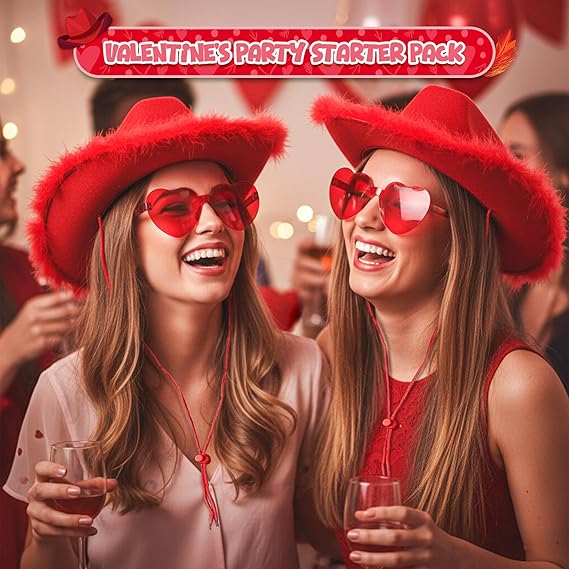 4E's Novelty Cowgirl Hat with Feathers & Heart Sunglasses - Felt, Women's Costume