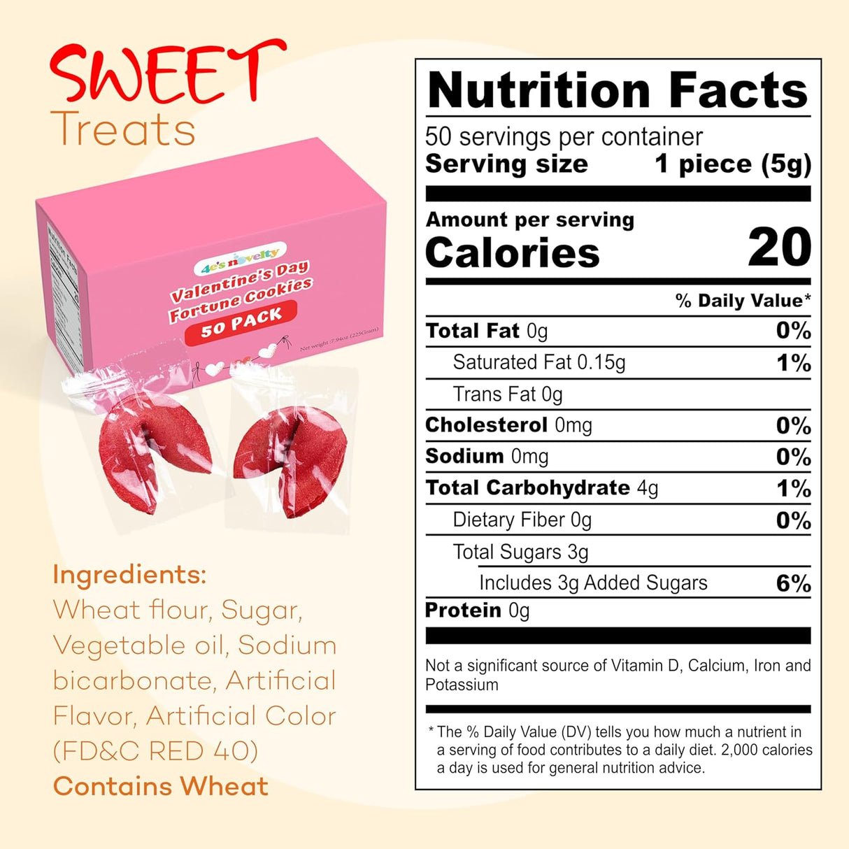 4E’s Novelty Valentine Fortune Cookies 50 Pack, Individually Wrapped Strawberry Cookies with Valentine Messages