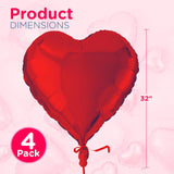 4E's Novelty 4-Pcs 32” Large Heart Shaped Balloons – Red Foil Balloons for Valentine's & Weddings
